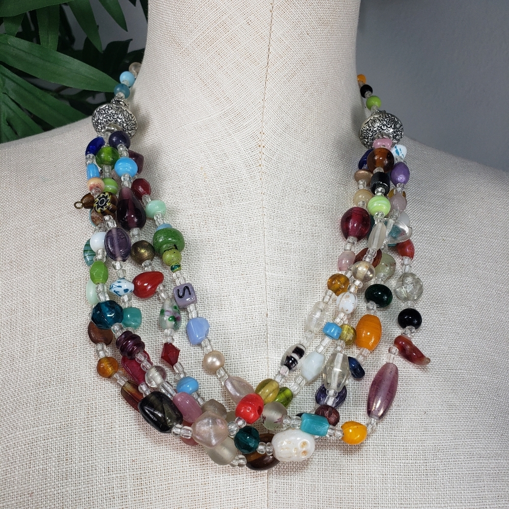 Multicolor Glass Beads w/ Engraved Silver Spacers - Bohemian Artisan Handcrafted